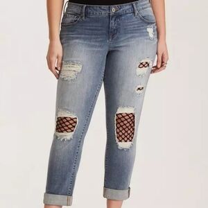 Torrid inset fishnet boyfriend jeans